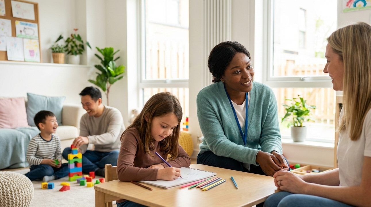 Support worker engaging with a family in a bright community centre